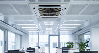 a cassette air conditioning system installed in an open-plan office