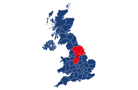 a blue map of the UK split into counties, with Sheffield pinned, and the counties of Staffordshire, Derbyshire and Yorkshire highlighted in red